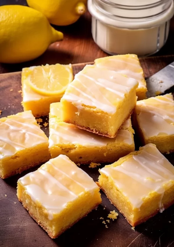 A close-up view of a gluten-free lemon brownie topped with creamy icing, showcasing its fudgy texture.