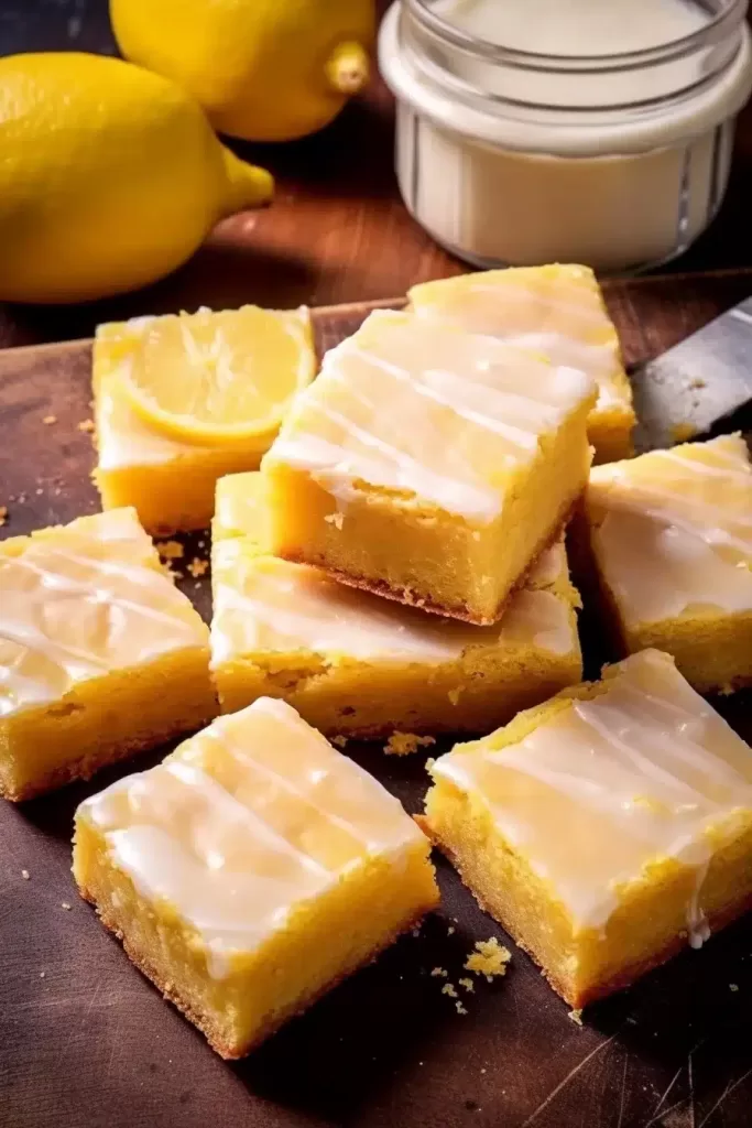 A close-up view of a gluten-free lemon brownie topped with creamy icing, showcasing its fudgy texture.