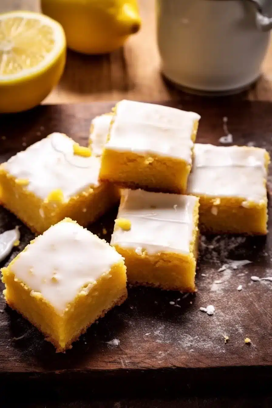 A close-up view of a gluten-free lemon brownie topped with creamy icing, showcasing its fudgy texture.