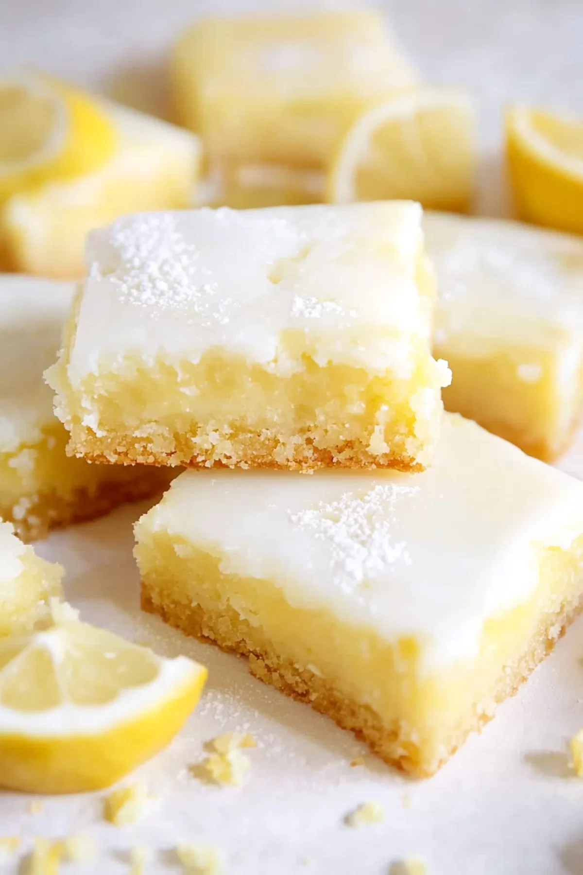 A close-up of dessert squares with a glossy lemon glaze on top.