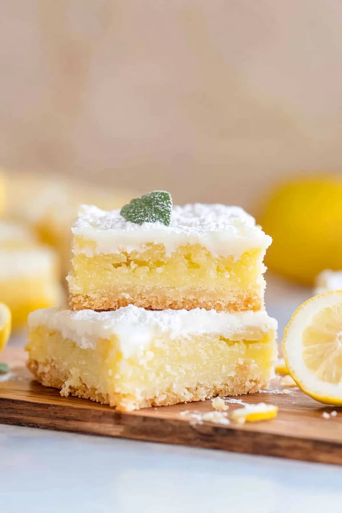 A side view of moist, yellow dessert squares showing their fudgy texture.