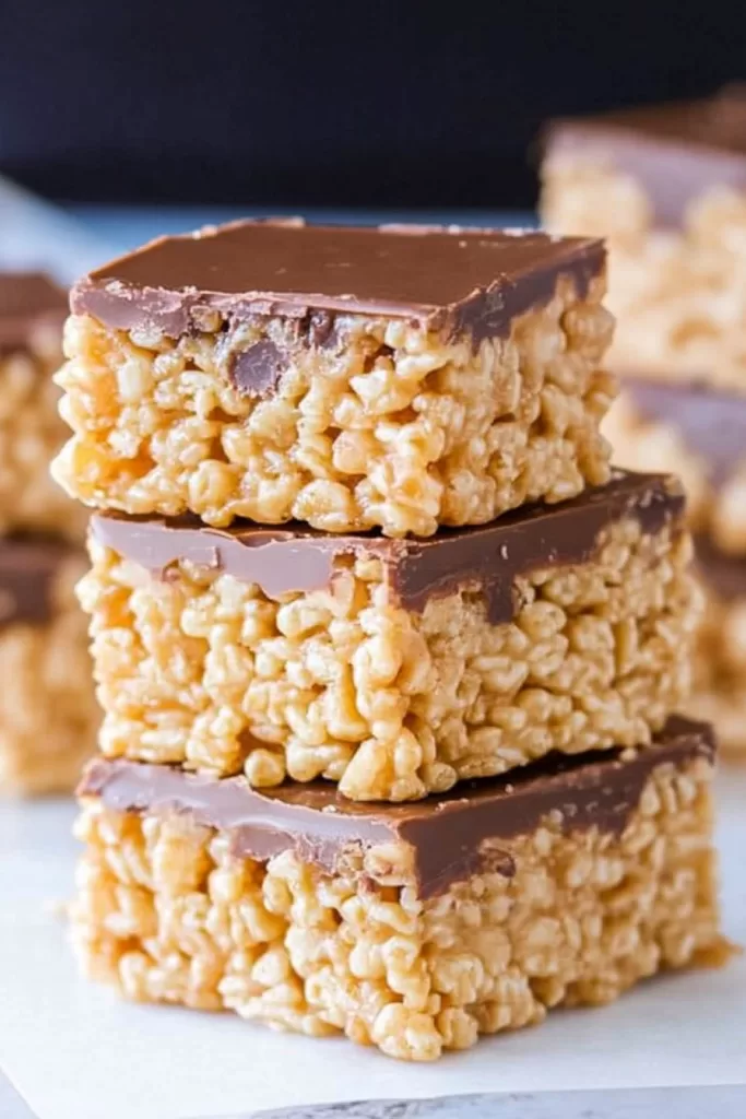 A close-up of stacked peanut butter Rice Krispie treats topped with a smooth layer of chocolate.