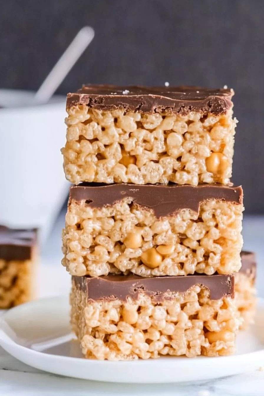 Three layers of peanut butter and chocolate Rice Krispie treats stacked neatly on a white plate.