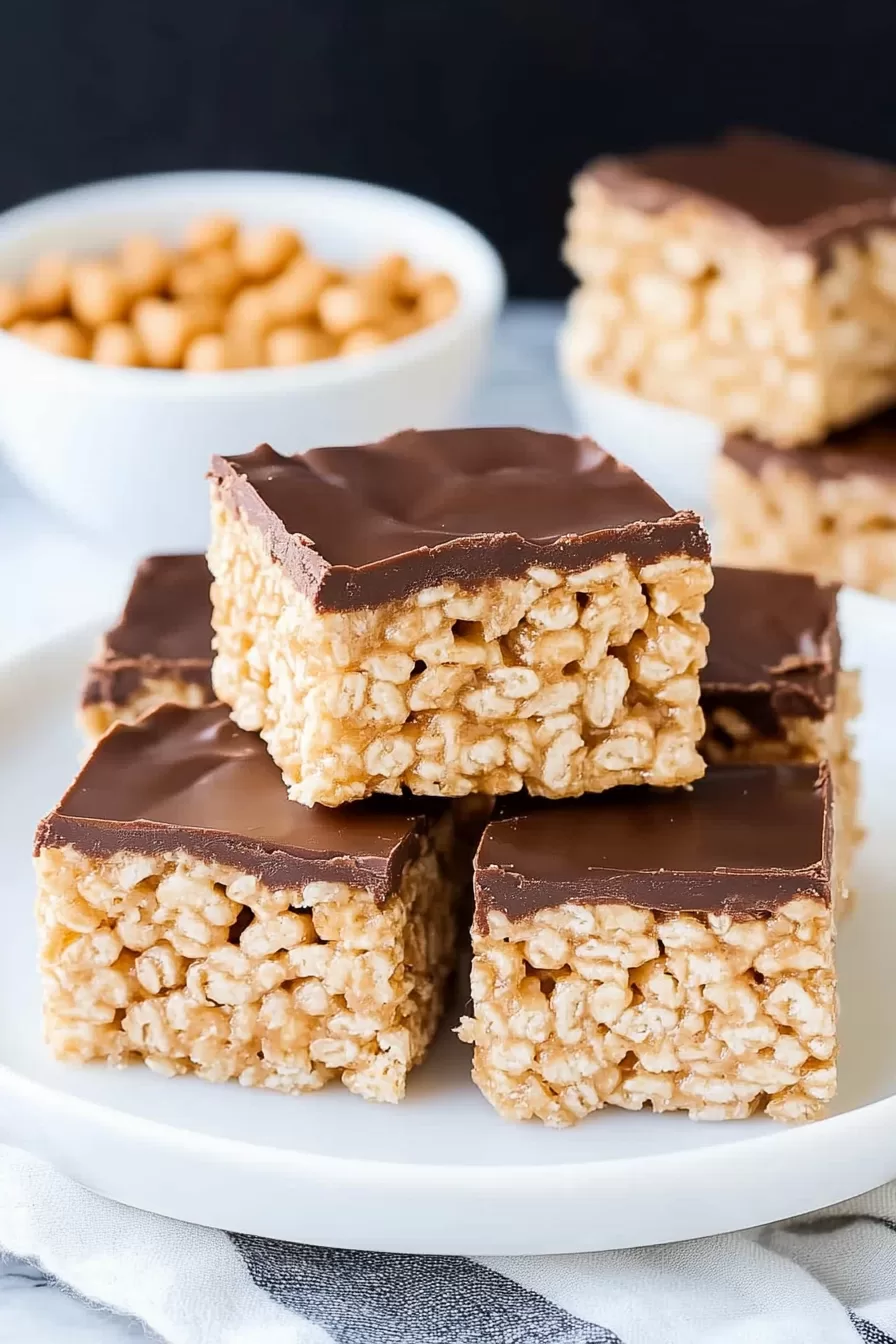 A plate of peanut butter Rice Krispie squares with chocolate topping and a bowl of peanut butter chips in the background.