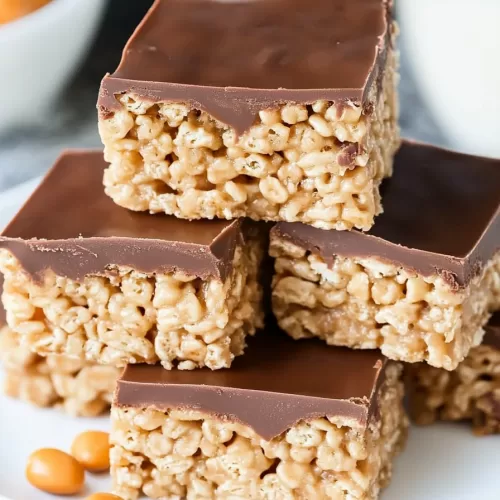 A stack of indulgent peanut butter Rice Krispie treats showcasing their gooey texture and glossy chocolate topping.