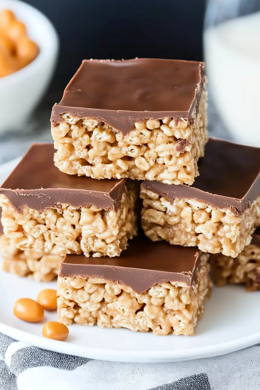 A stack of indulgent peanut butter Rice Krispie treats showcasing their gooey texture and glossy chocolate topping.