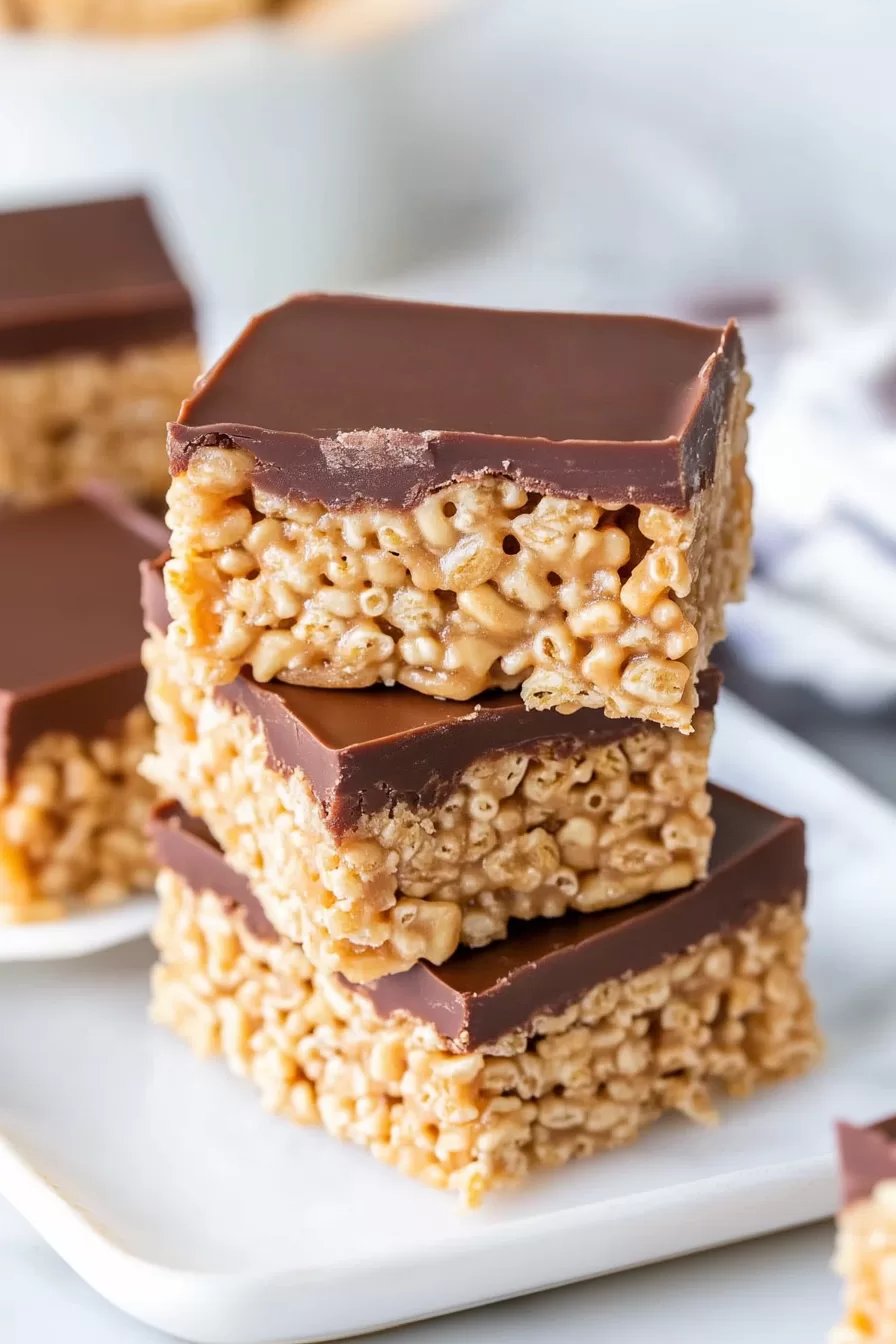 A close-up of thick, chewy Rice Krispie treats with a shiny chocolate layer, served on a white plate.