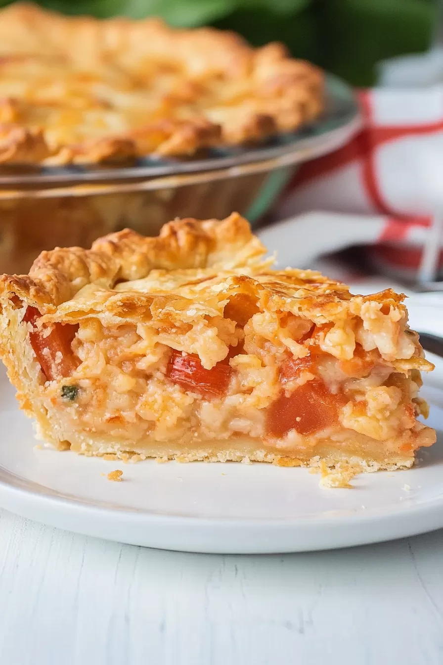 An overhead view of a freshly baked tomato pie with a lattice crust and bubbling cheesy filling.