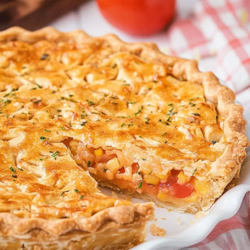 A whole bacon onion tomato pie with golden brown crust, garnished with fresh herbs, ready to serve.