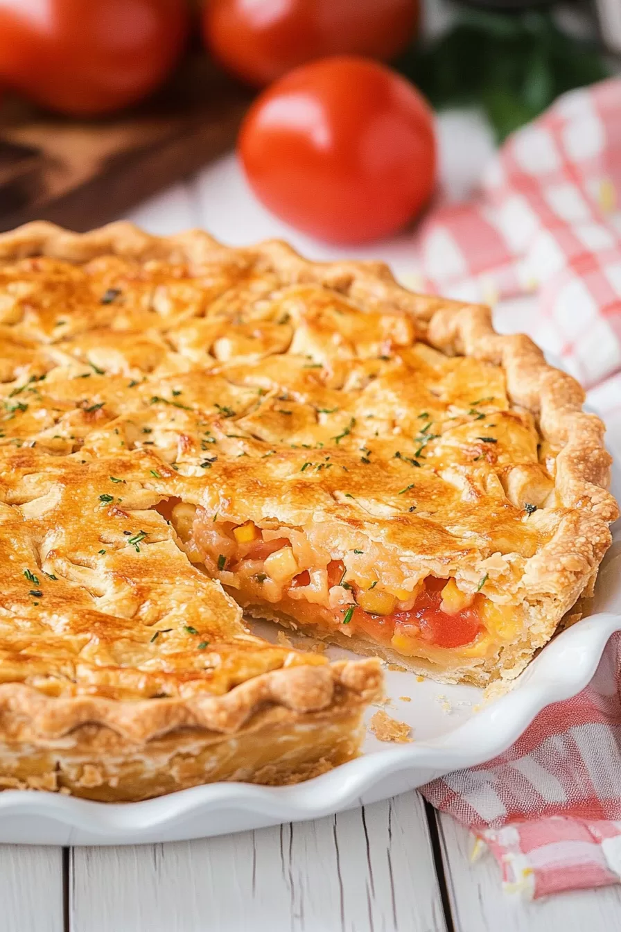 A whole bacon onion tomato pie with golden brown crust, garnished with fresh herbs, ready to serve.