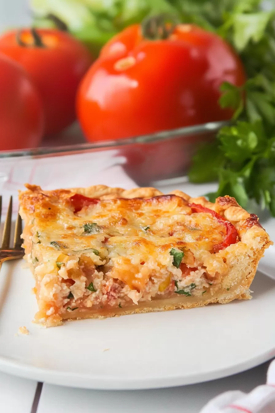 A single slice of homemade tomato pie on a white plate, with fresh parsley and ripe tomatoes in the background.