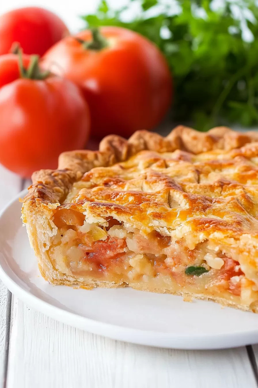 A close-up slice of tomato pie with a flaky crust, featuring juicy tomato chunks and a creamy filling.