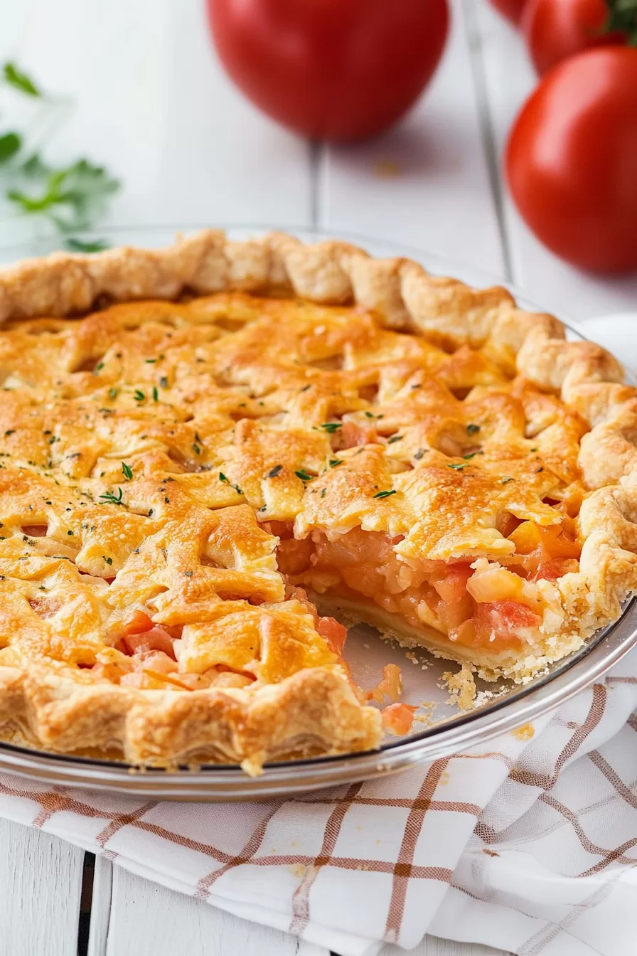 A partially sliced tomato pie revealing its layered filling of tomatoes, bacon, and onions, served on a rustic white table.