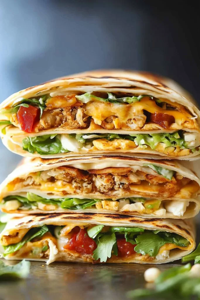 A perfectly toasted wrap filled with layers of fresh ingredients, sliced to show its hearty interior