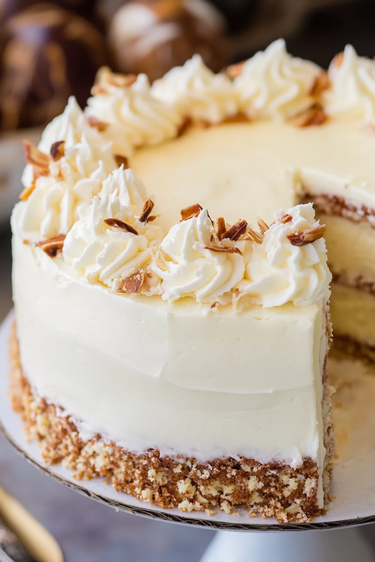 Close-up of a beautifully frosted cake with a rich, fluffy texture.