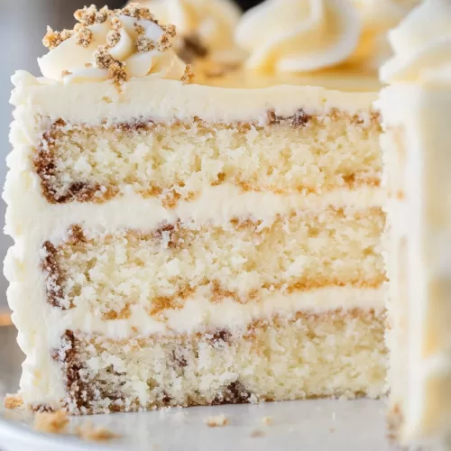 A plated slice of cake with delicate frosting details and a garnish of nuts.