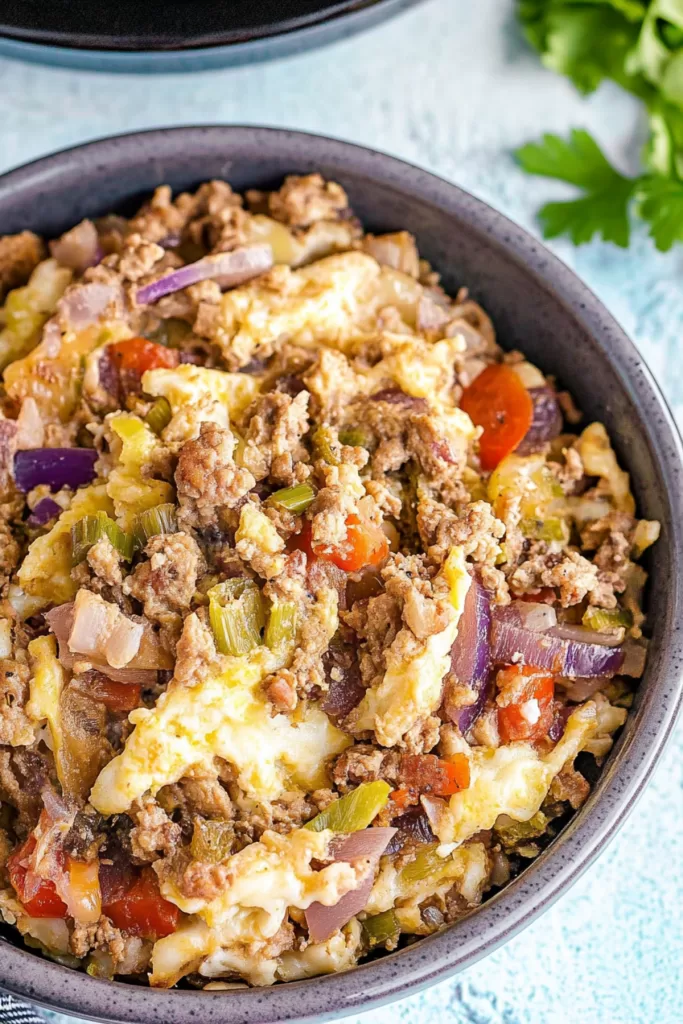 Close-up of a savory and flavorful low-carb stir-fry with a touch of sesame seeds.