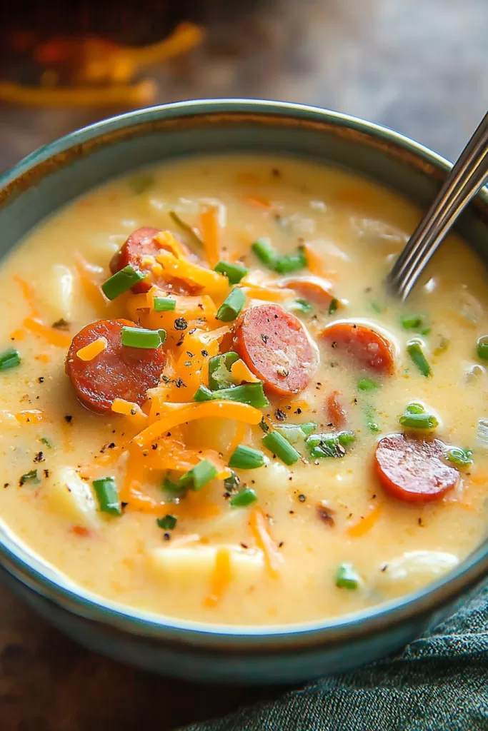 A hearty bowl of creamy potato soup garnished with slices of kielbasa, shredded cheddar, and fresh chives.