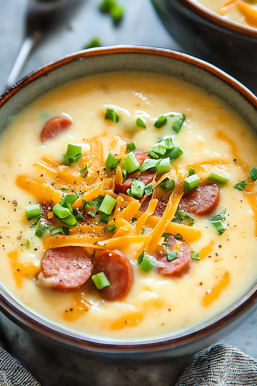 A rustic pot filled with potato soup, dotted with kielbasa slices and vibrant green chives.