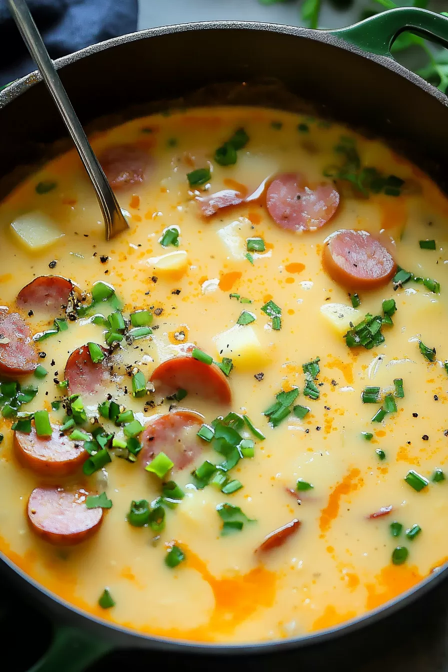 Close-up of a comforting potato and kielbasa soup showcasing its rich and creamy texture.