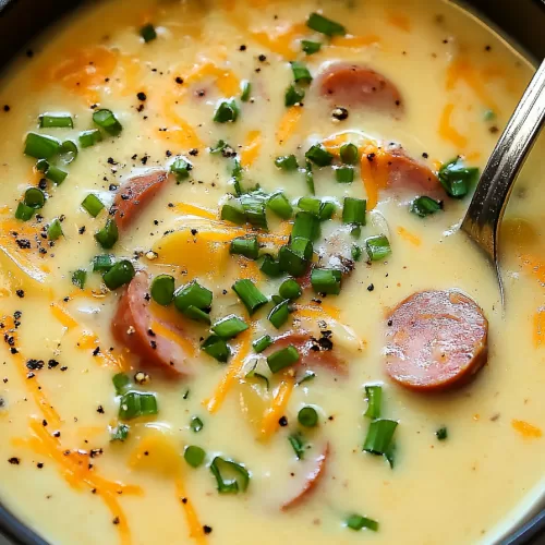 Bowl of homemade kielbasa and potato soup, perfectly garnished and ready to enjoy.