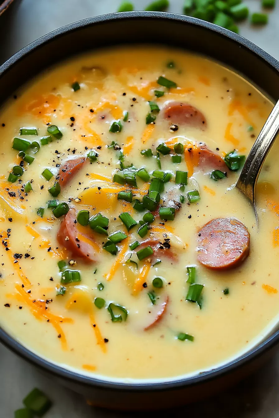 Bowl of homemade kielbasa and potato soup, perfectly garnished and ready to enjoy.