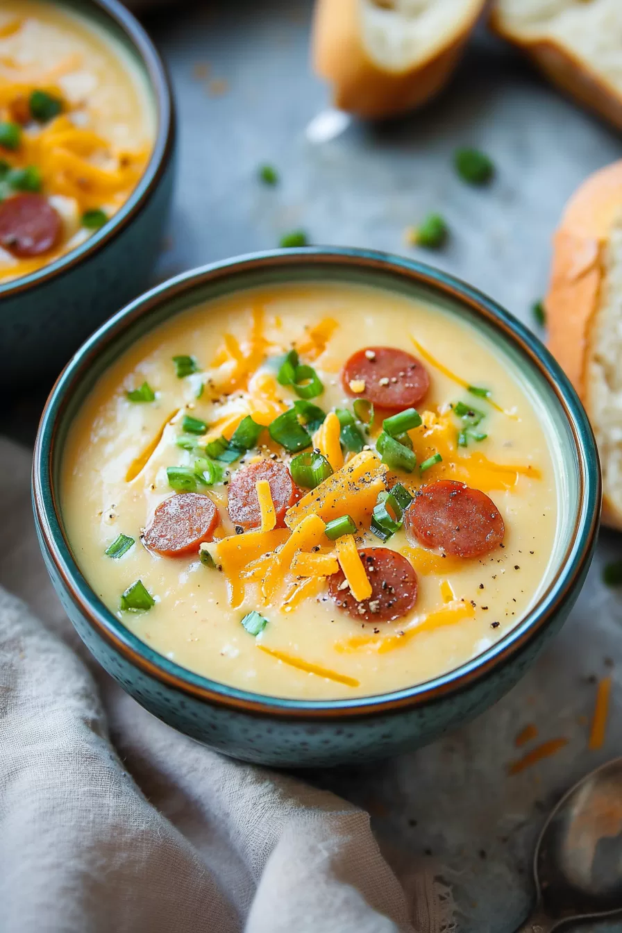 A delicious serving of potato soup with kielbasa, sprinkled with cheese and chives for extra flavor.