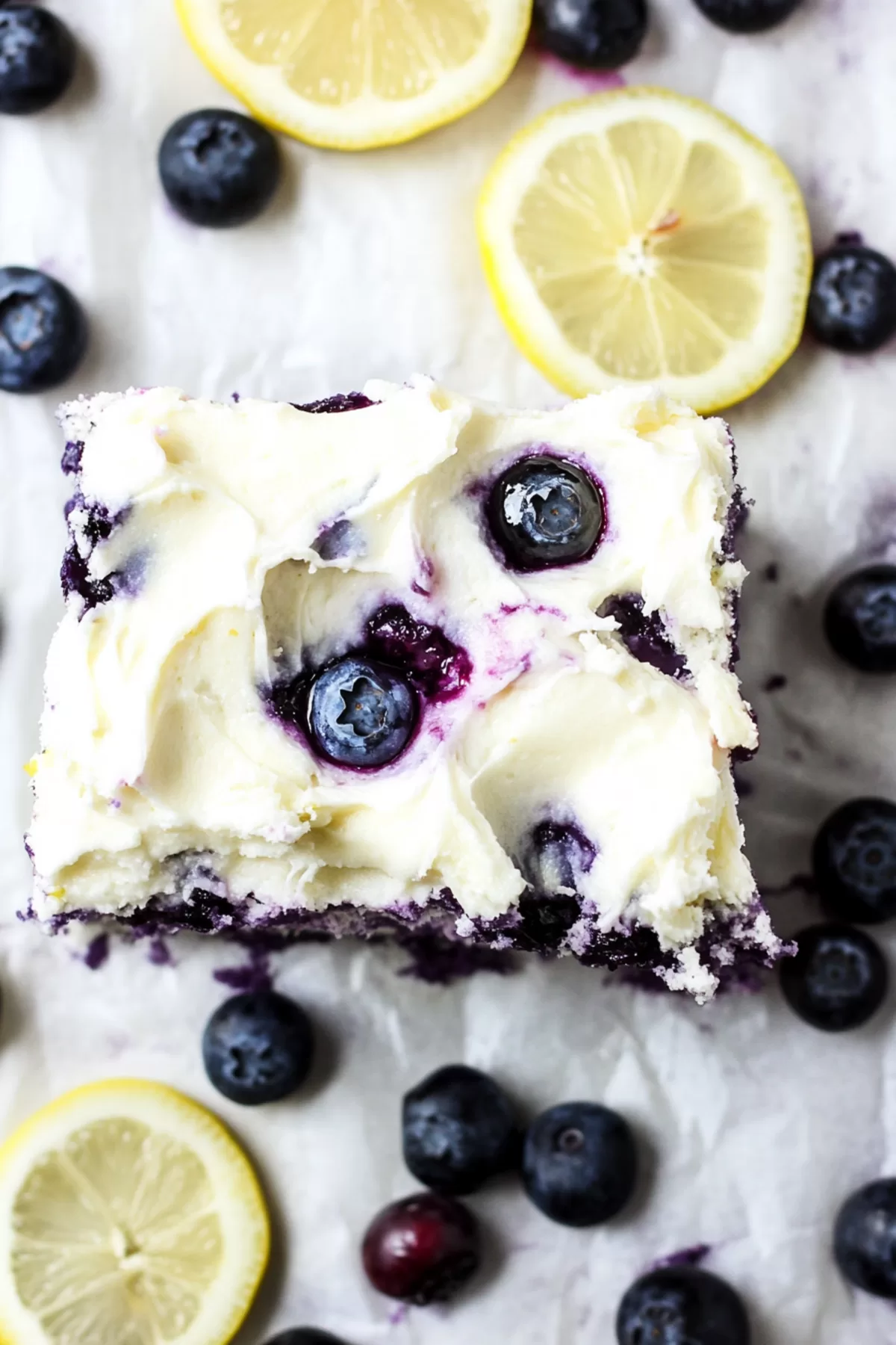 A slice of cake with fresh blueberries and a creamy lemon frosting, topped with a lemon slice.