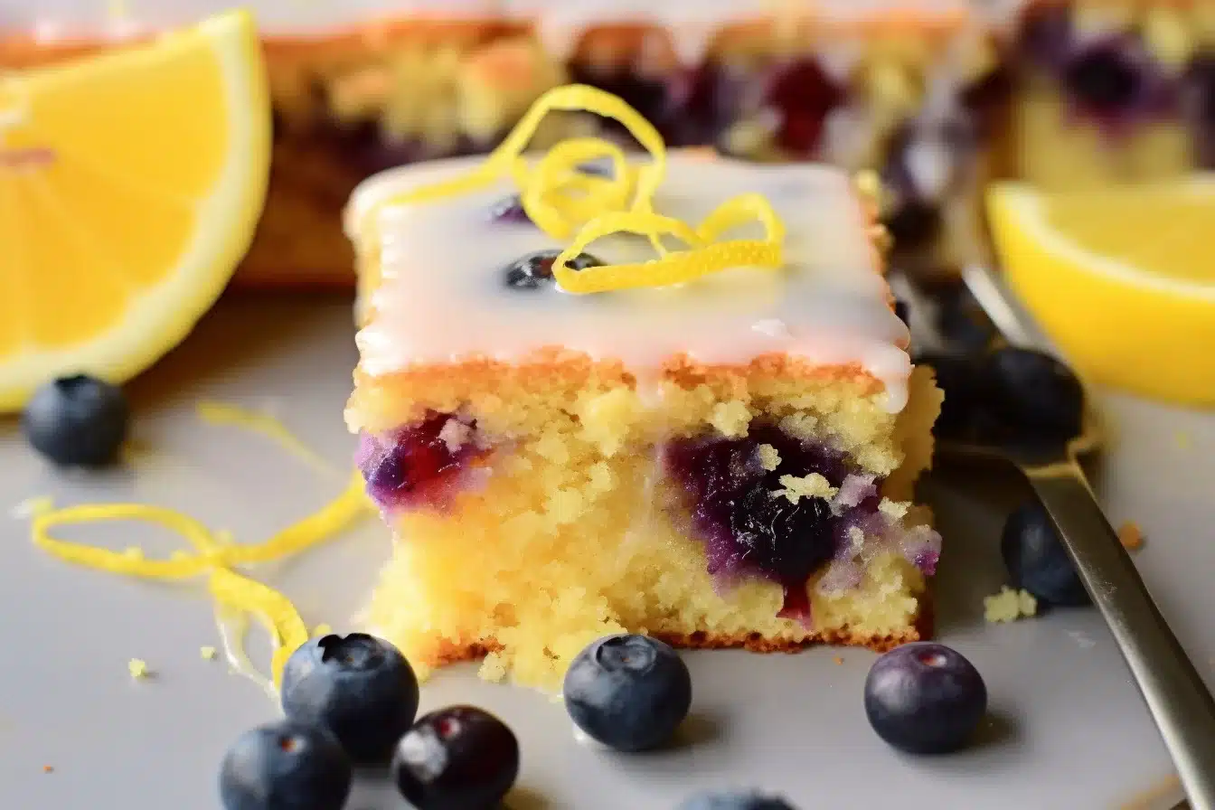 Final result of Lemon Blueberry Sheet Cake recipe, a tantalizing summer dessert with vibrant colors and textures.
