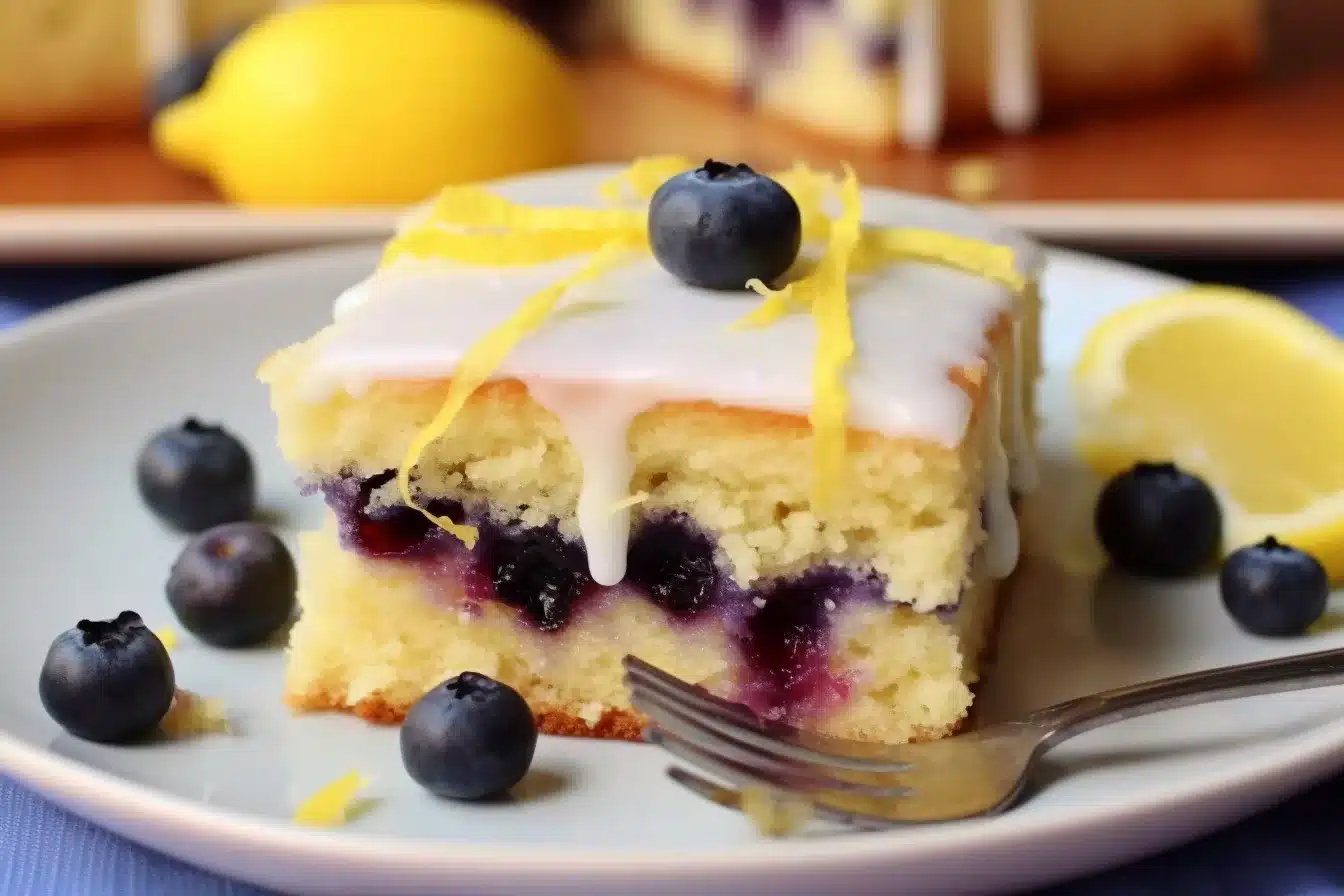 Freshly baked and glazed Lemon Blueberry Sheet Cake on a rustic kitchen counter, ready for serving.