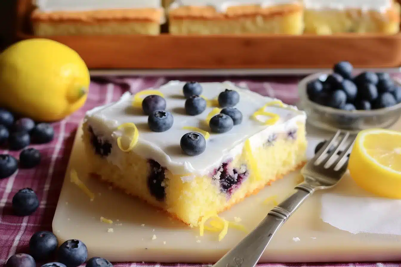 High angle shot of the Lemon Blueberry Cake, showcasing its golden crust and shiny lemon glaze.