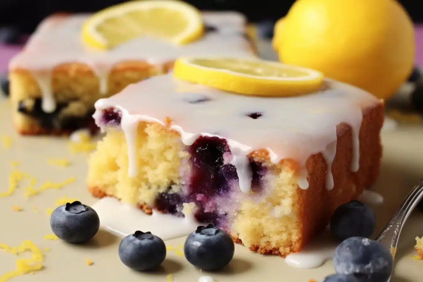 Close-up image of the Lemon Blueberry Sheet Cake, showing the juicy blueberries and crumb texture.