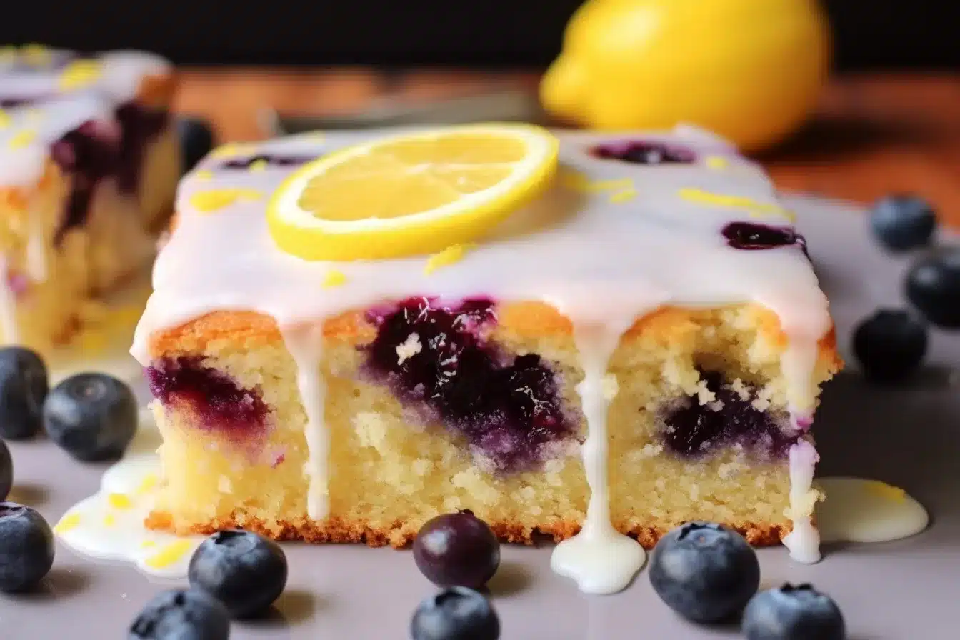 A delectably moist Lemon Blueberry Sheet Cake, topped with a glossy lemon glaze and served on a white platter.