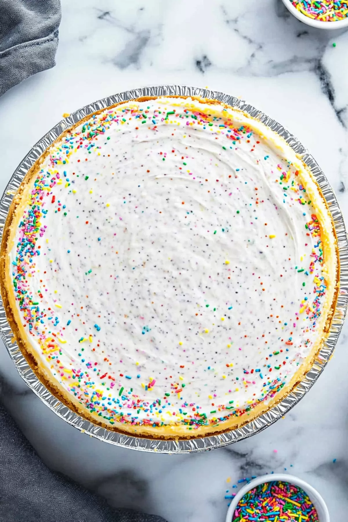 A whole cheesecake garnished with whipped cream swirls and vibrant sprinkles.