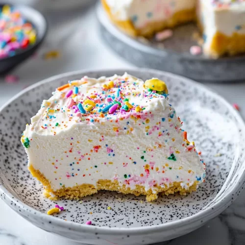 Bright and creamy dessert with a smooth texture and a sprinkle-covered crust.