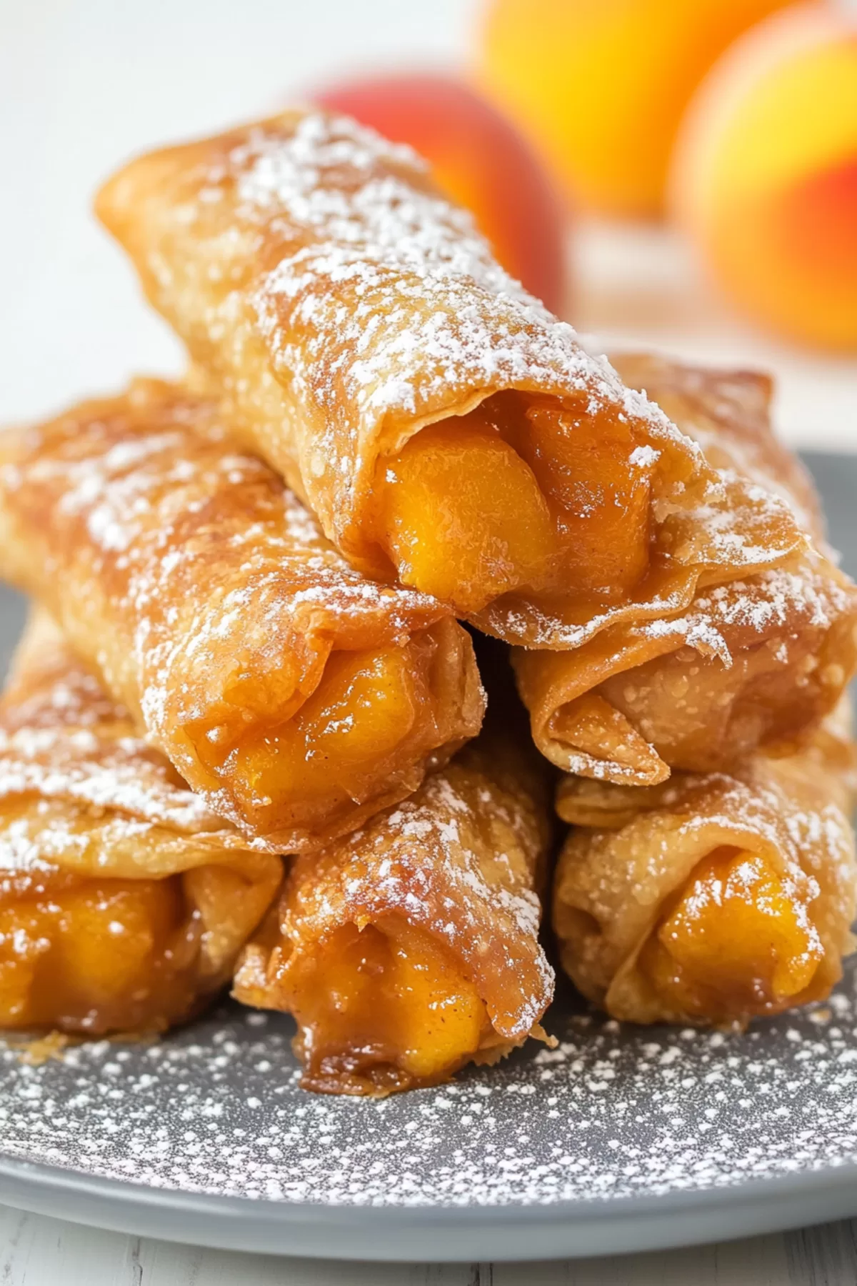 A plate of warm egg rolls paired with a drizzle of powdered sugar.