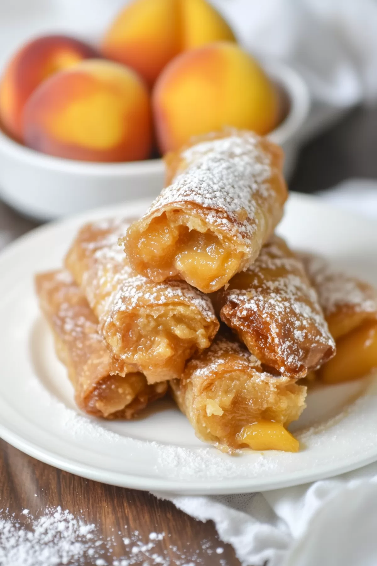 A dessert platter featuring golden egg rolls and a garnish of fresh peach slices."