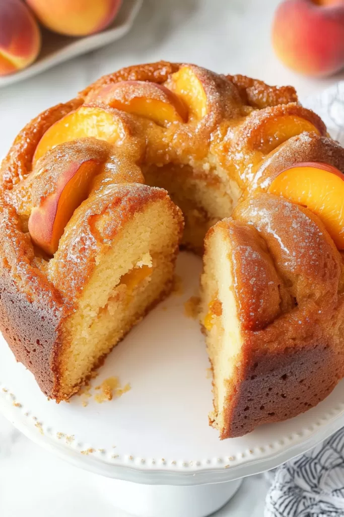 Close-up of a sliced peach cobbler pound cake, showcasing its moist interior and glossy peach topping.