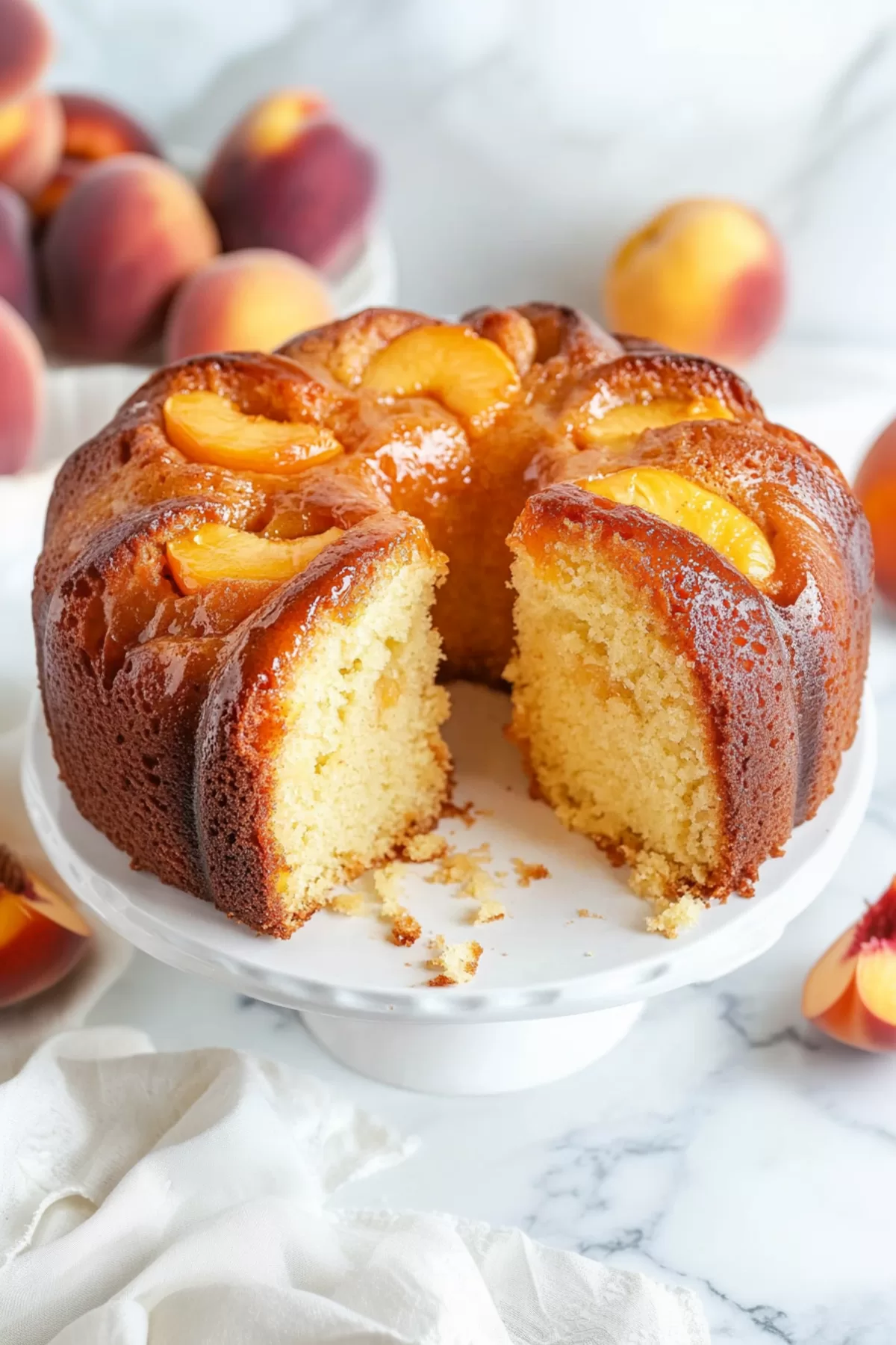 Golden-brown pound cake with caramelized peach slices baked into the top, served on a cake stand.