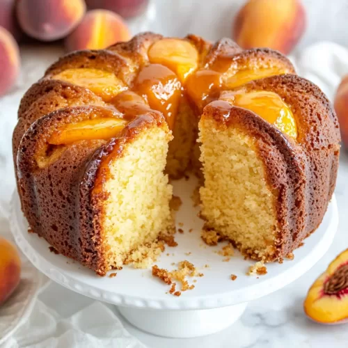 A beautifully baked pound cake topped with fresh peach slices and drizzled caramel glaze, ready to serve.