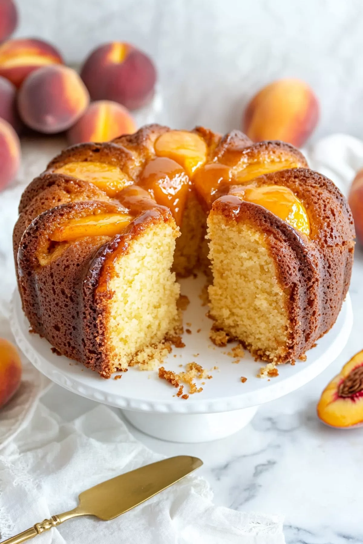 A beautifully baked pound cake topped with fresh peach slices and drizzled caramel glaze, ready to serve.