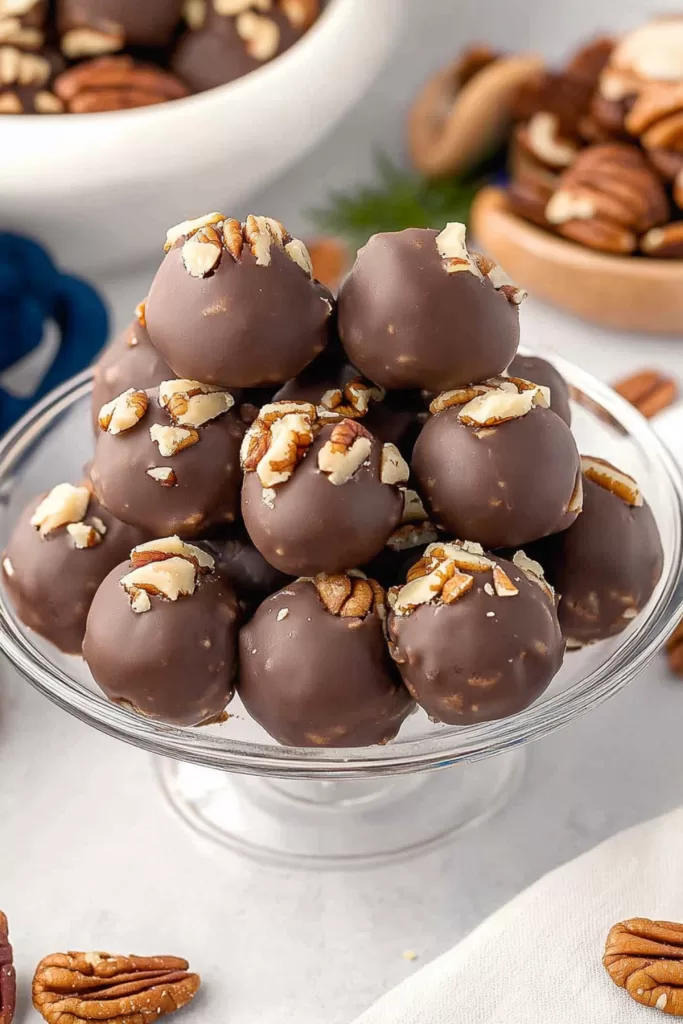 Decadent chocolate pecan bites stacked elegantly in a decorative display.