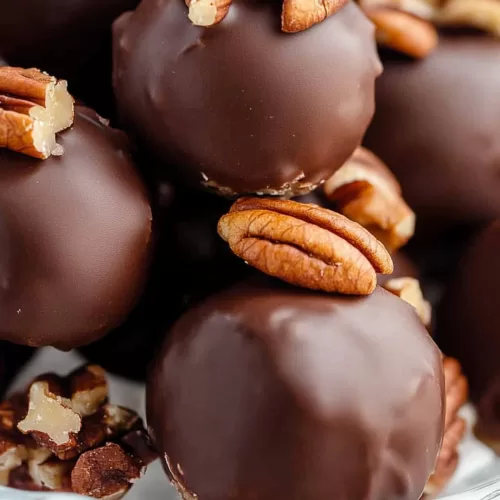 Close-up of chocolate-coated truffles with pecan toppings on a glass pedestal.