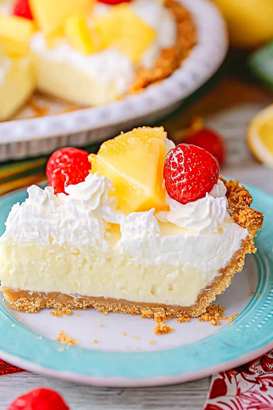 A vibrant slice of Pina Colada pie featuring a buttery graham cracker crust and a tropical filling, garnished with toasted coconut.