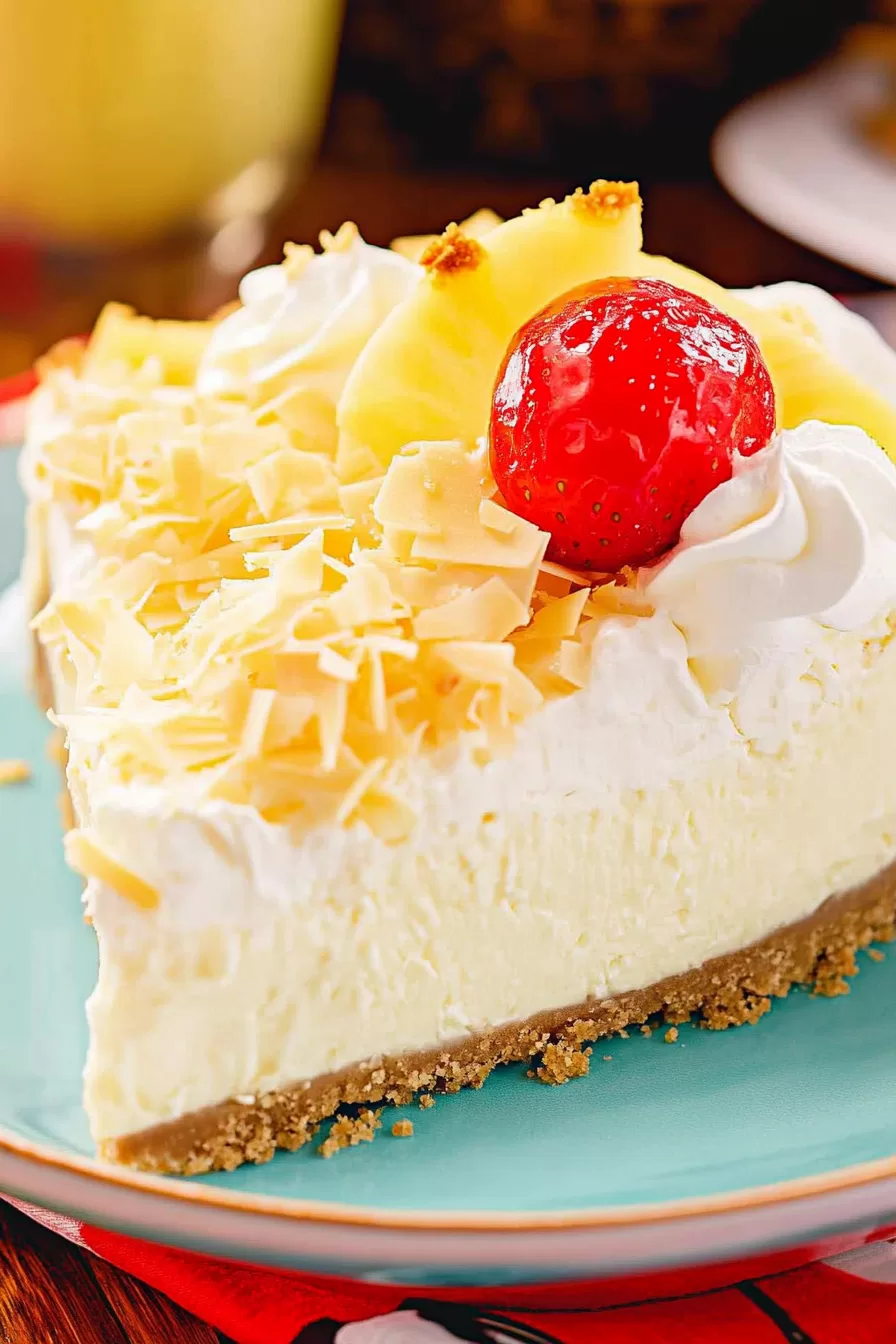 A close-up of a creamy Pina Colada pie slice topped with whipped cream, fresh pineapple chunks, and a maraschino cherry.