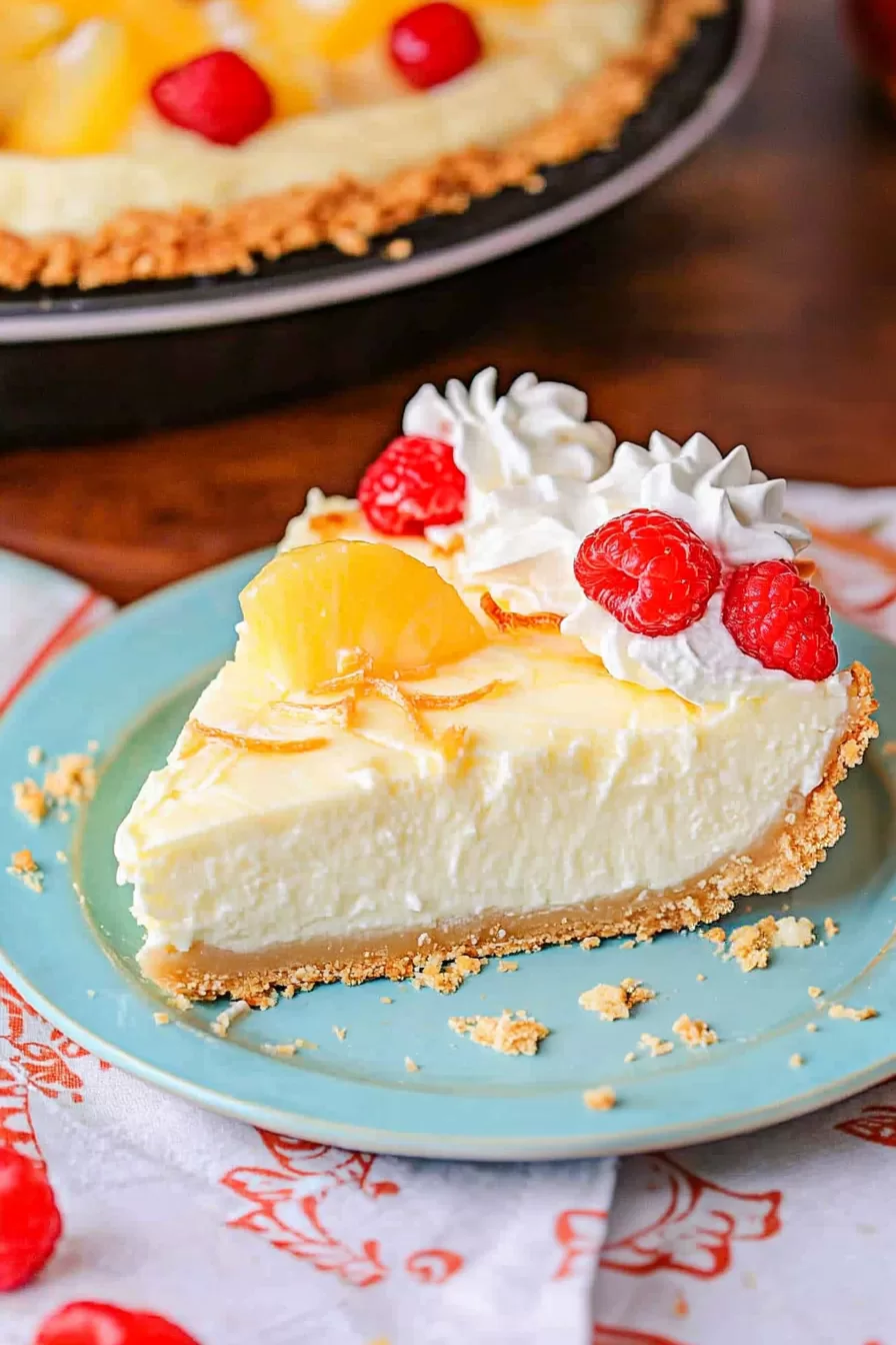 A golden, creamy Pina Colada pie in a pie dish, ready to serve for a tropical dessert experience.