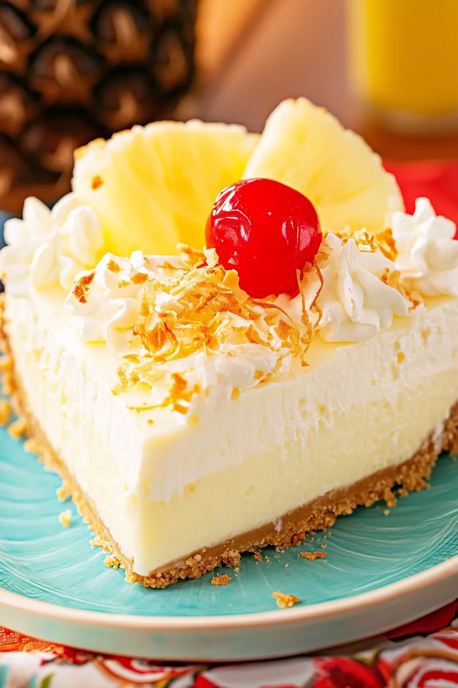 A festive slice of Pina Colada pie topped with coconut flakes, whipped cream, and a bright cherry centerpiece.