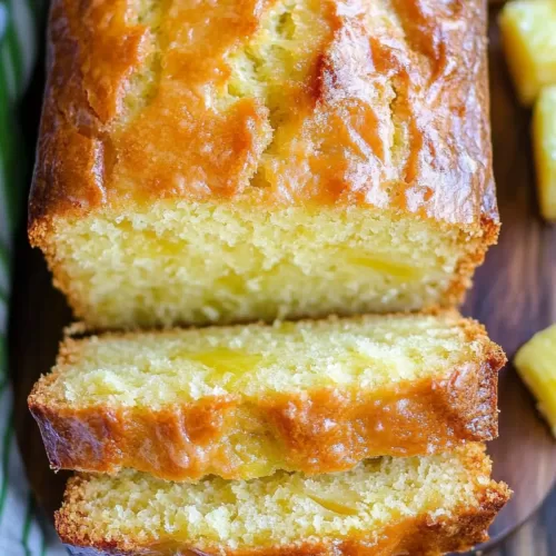 Close-up of a slice showcasing the soft texture and bits of pineapple inside.