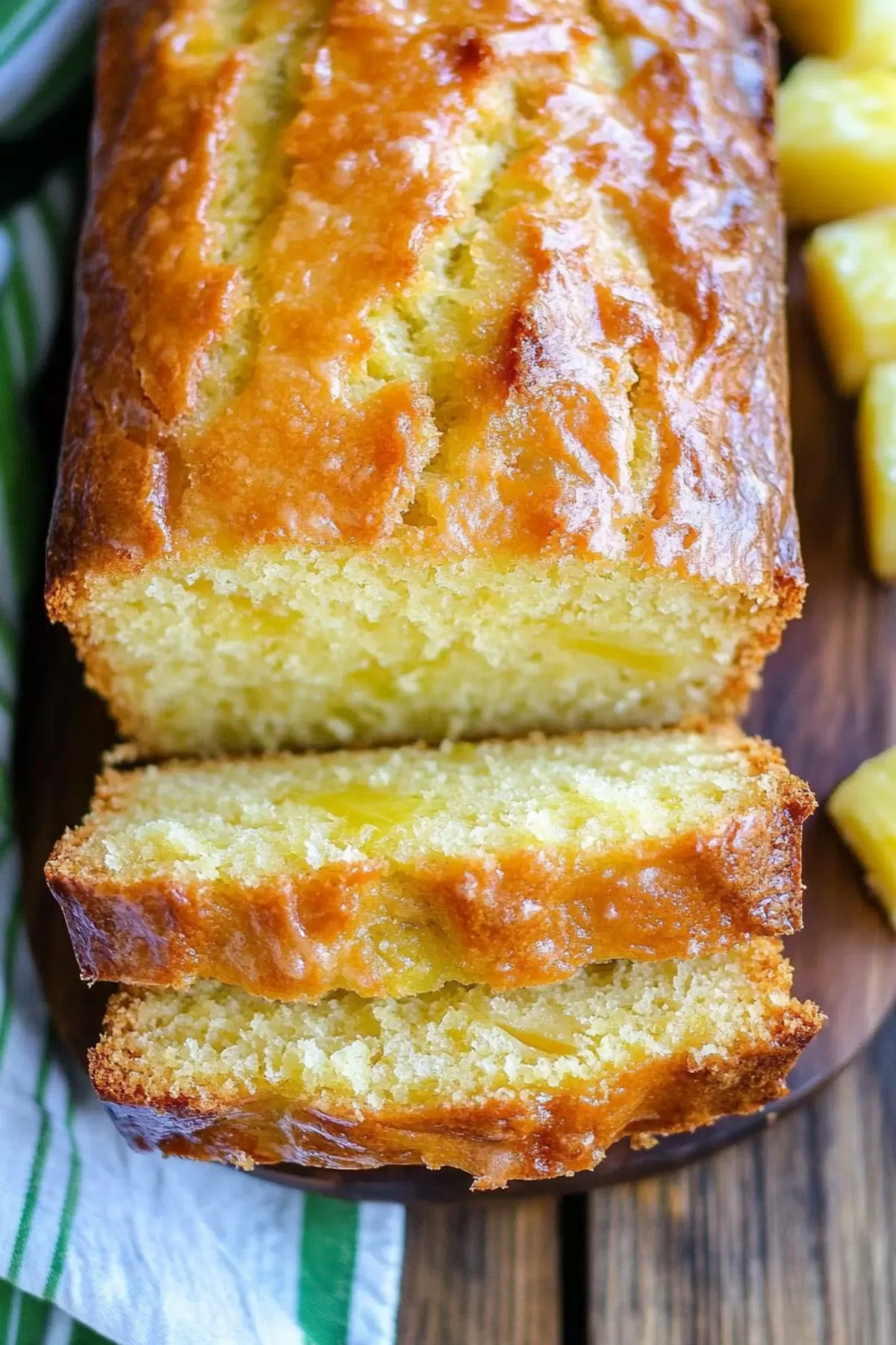 Close-up of a slice showcasing the soft texture and bits of pineapple inside.