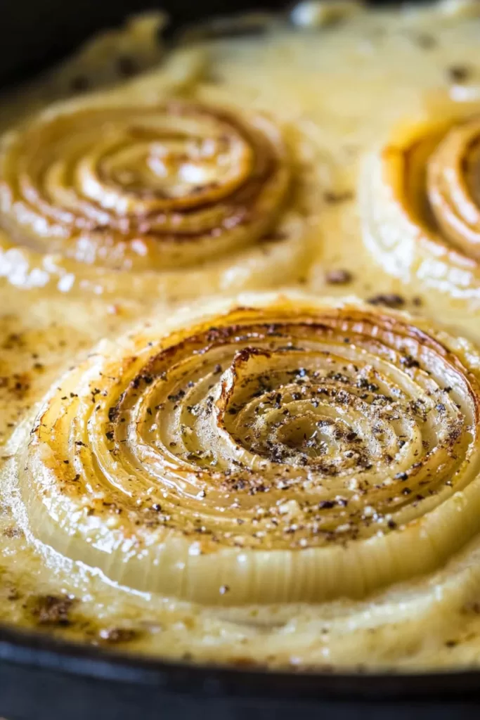 A close-up of caramelized onions baked in a rich, cheesy cream sauce.